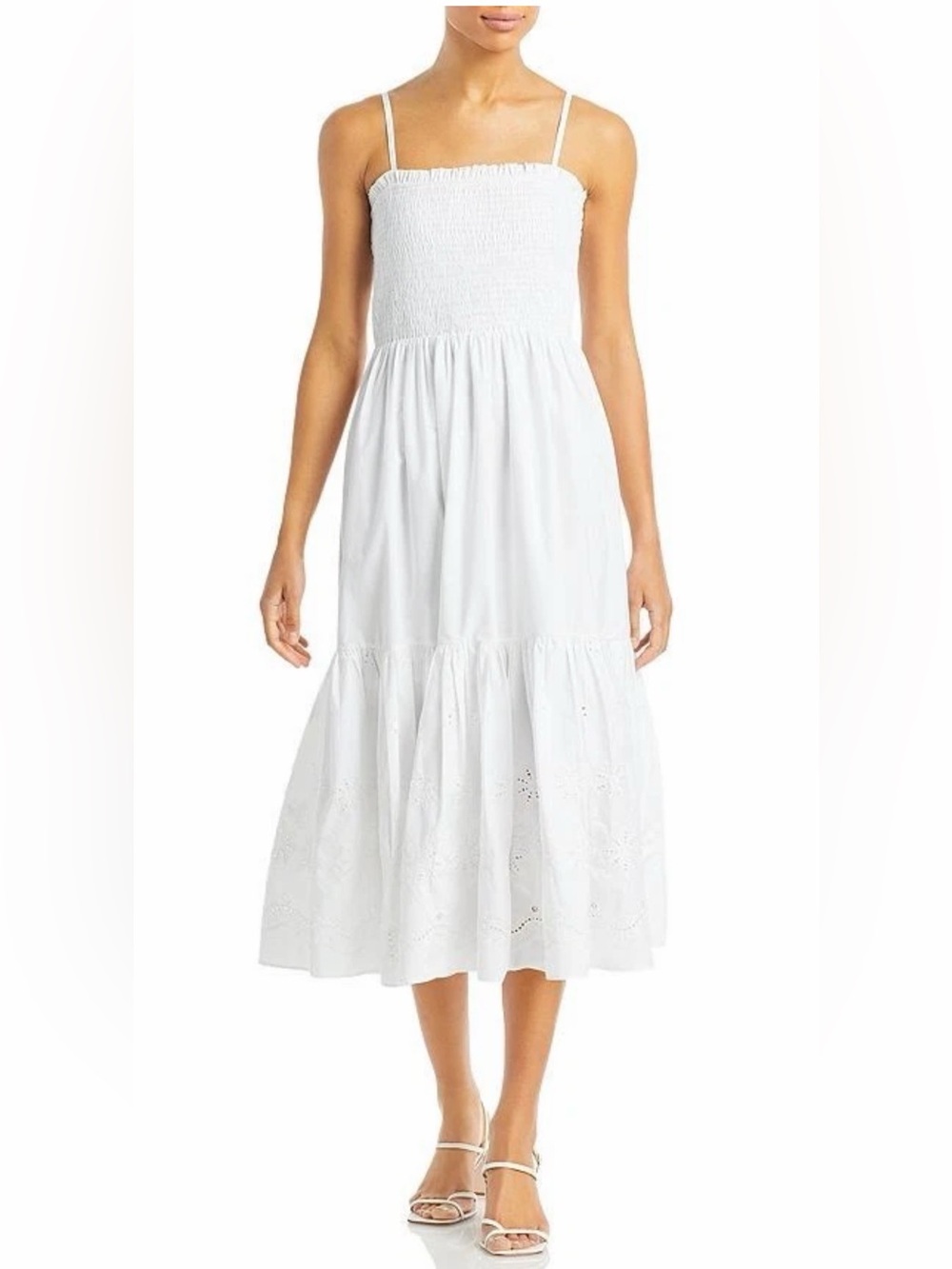 Aqua White poplin Smocked Bodice Eyelet Midi Dress